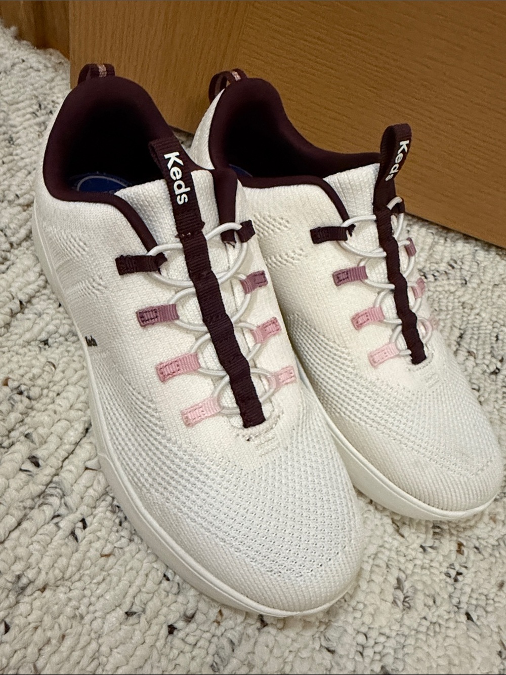 Keds White Knit Slip-On Sneakers with Maroon and Pink Accents
